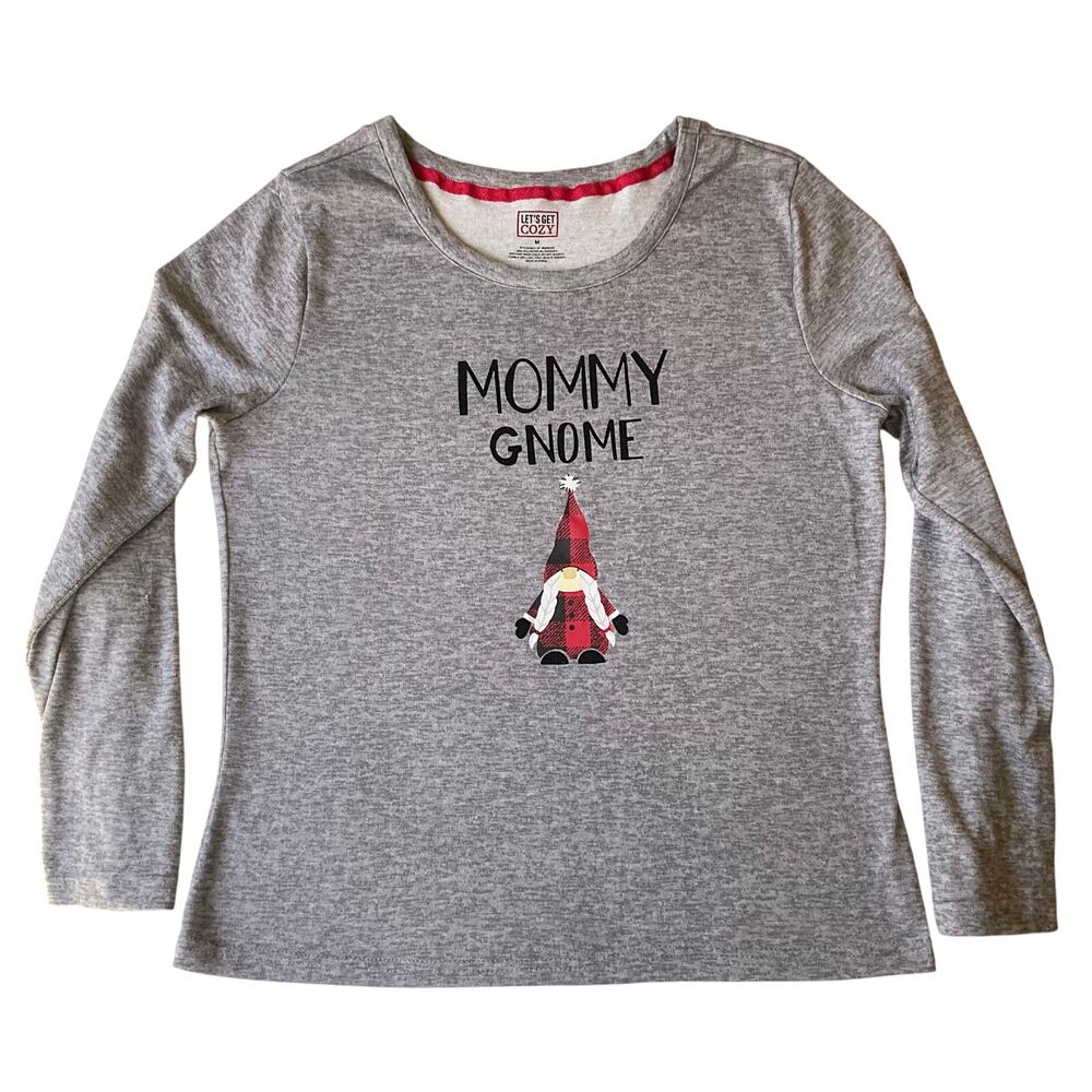 Let’s Get Cozy Women Long Sleeve Soft T-shirt size M, Gray,Mommy Gnome Christmas